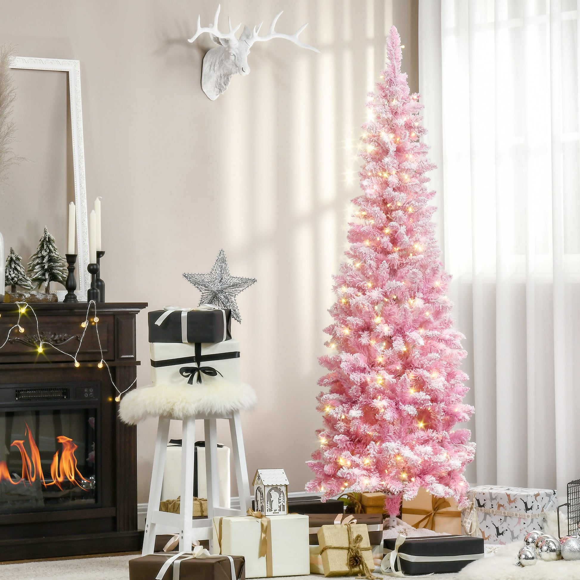 6 Foot Prelit Snow Flocked Artificial Christmas Tree with Pencil Shape, 500 Pine Realistic Branches, Warm White LED ligh