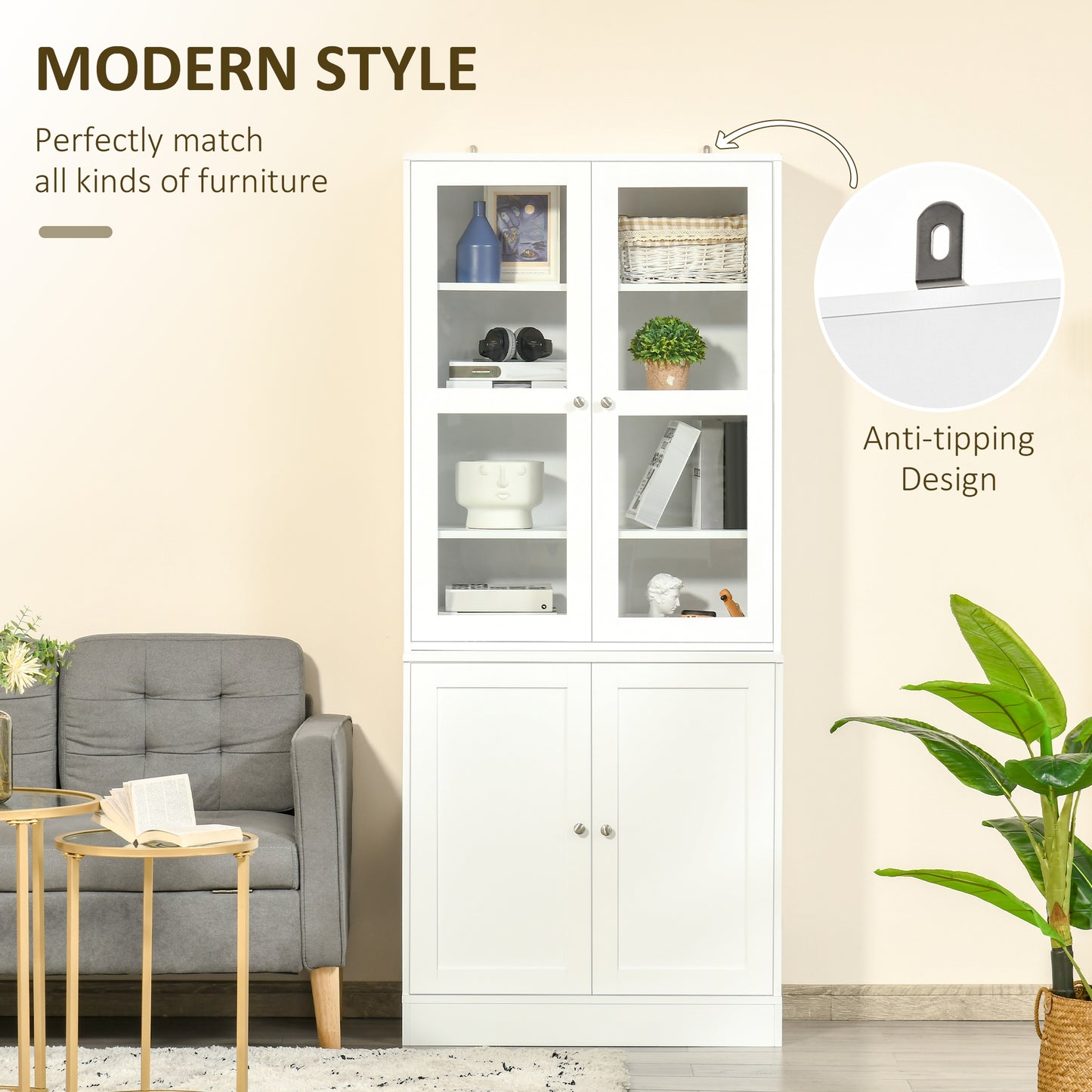 71" Bookcase Storage Cabinet with Doors, Modern Tall Bookshelf with 2 Adjustable Shelves, Display Unit for Study, Living