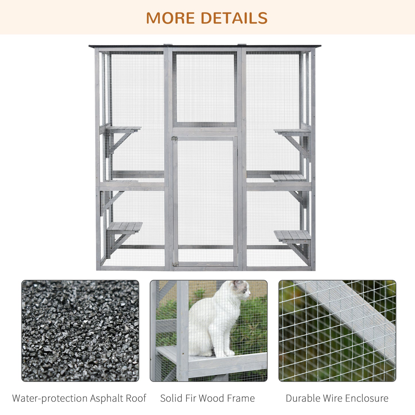 Large Outdoor Catio Enclosure, Weatherproof Cat House with Asphalt Roof,  Wooden Cat Patio Cage with 6 Balanced Platform