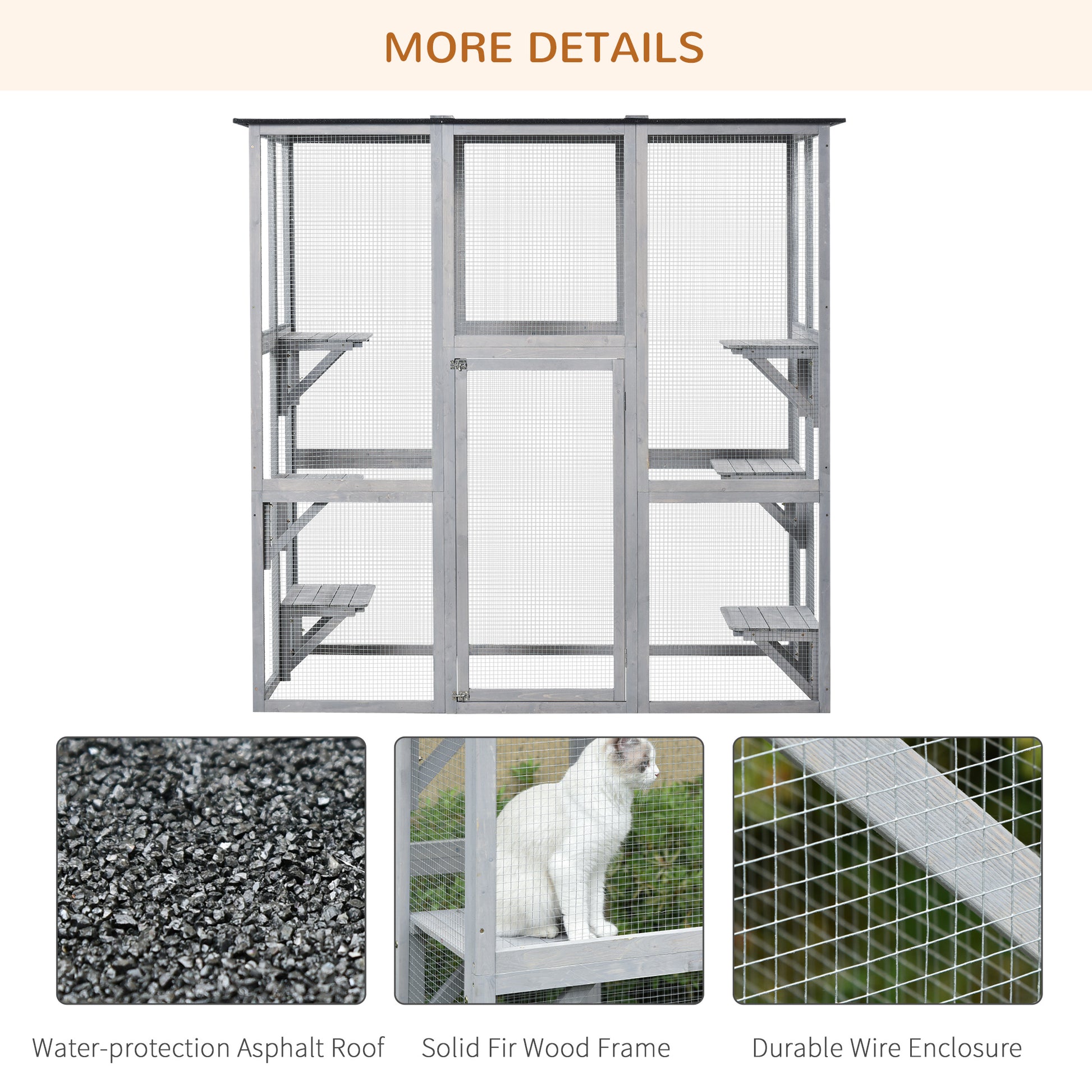 Large Outdoor Catio Enclosure, Weatherproof Cat House with Asphalt Roof,  Wooden Cat Patio Cage with 6 Balanced Platform