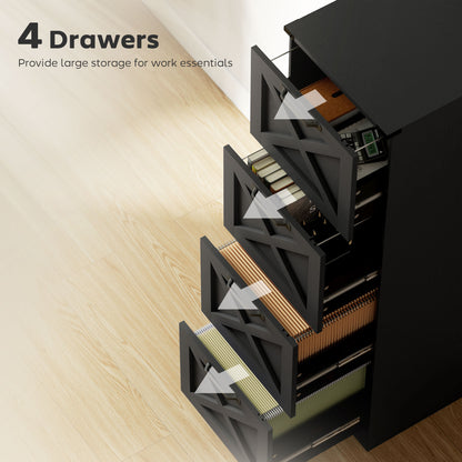 4 Drawer File Cabinet with Silent Slides, Vertical Farmhouse Filing Cabinet Fits Letter/A4 Size Home Office, Black