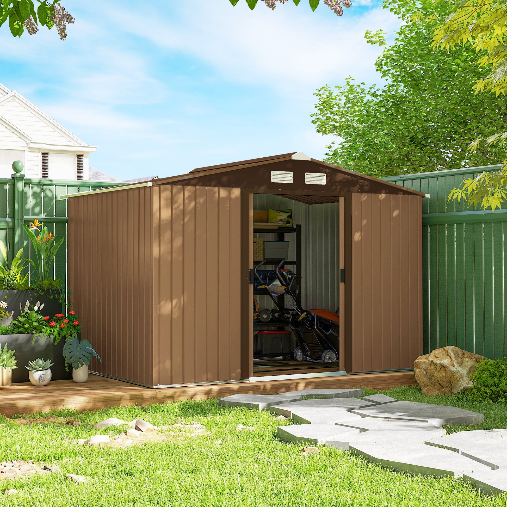 9.1 x 6.4 x 6.3 ft Garden Metal Storage Shed with Floor Foundation, Durable Outdoor Tool Storage House with Double Doors