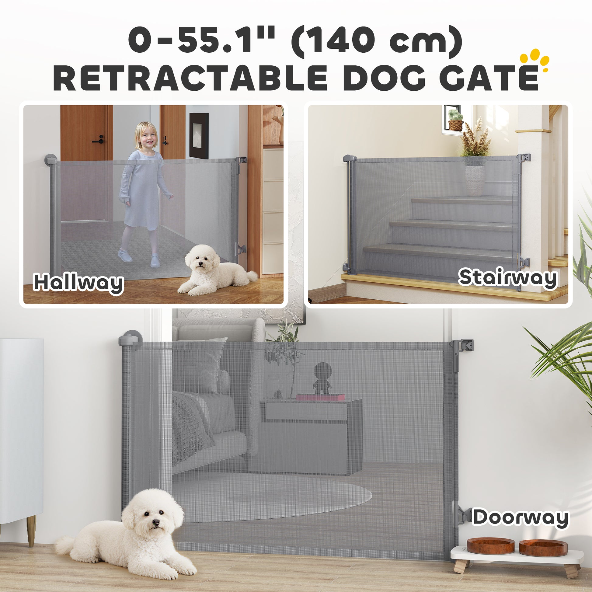 Retractable Dog Gate, 36.6" Tall,  Extends to 55" Wide, Mesh Pet Gate with Single Hand Operation, for Stairs, Doorways