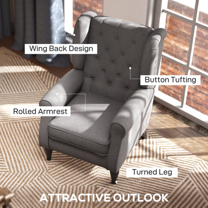Fabric Accent Chair, Button Tufted Armchair, Armchair with Wood Legs, Thick Padding for Bedroom, Charcoal Grey