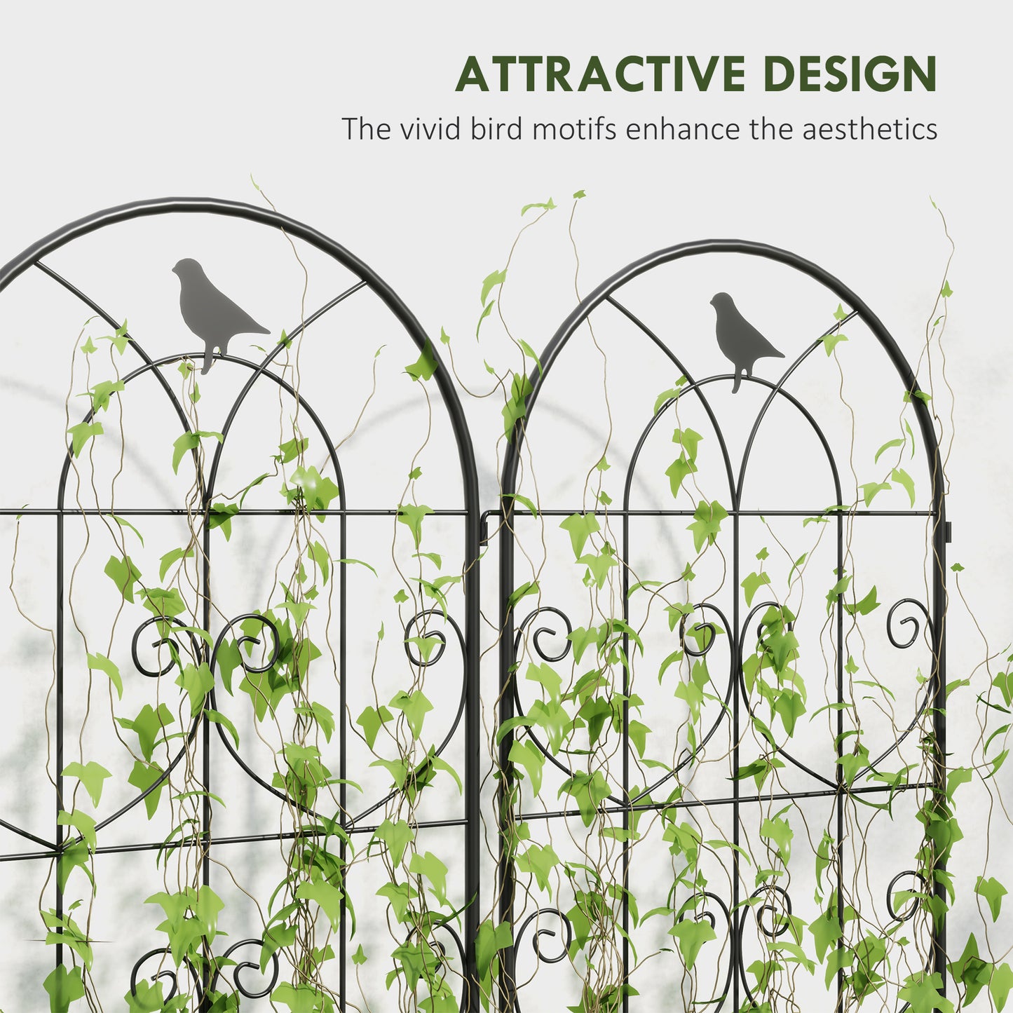 Set of 2 Metal Garden Trellis, Decorative Trellis Panels, Bird Design, 180 x 50 cm, Black