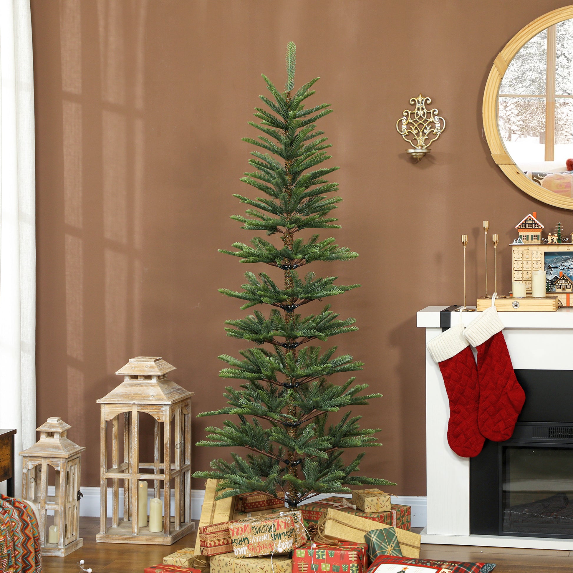 6 ft Artificial Fir Pencil Christmas Tree, Hinged Xmas Tree with 442 Branch Tips and Metal Stand, Easy Assembly, Green
