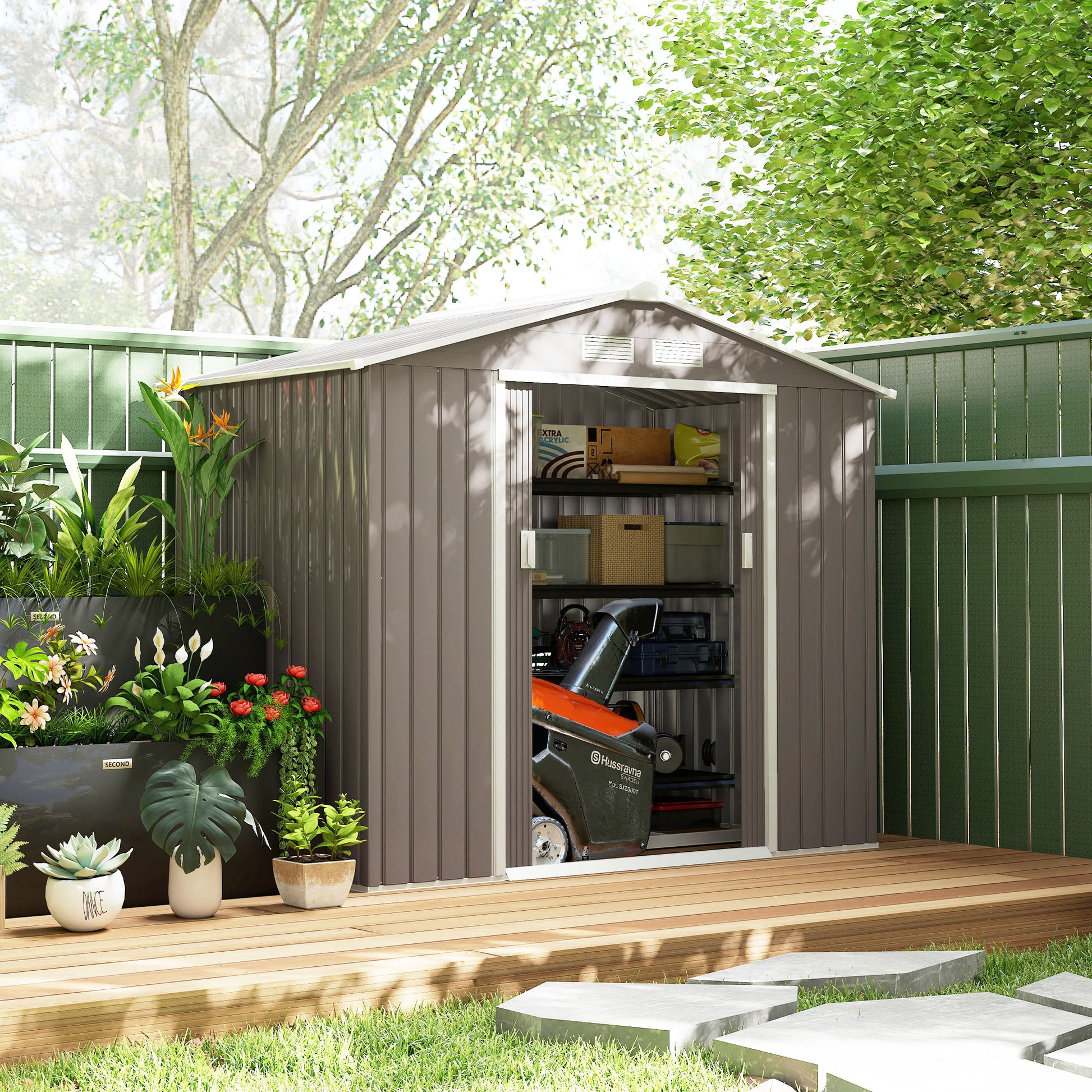 7 x 4 x 6 ft Metal Outdoor Storage Shed, Heavy-Duty Garden Tool House with Foundation Kit and Double Doors, Ideal for Pa