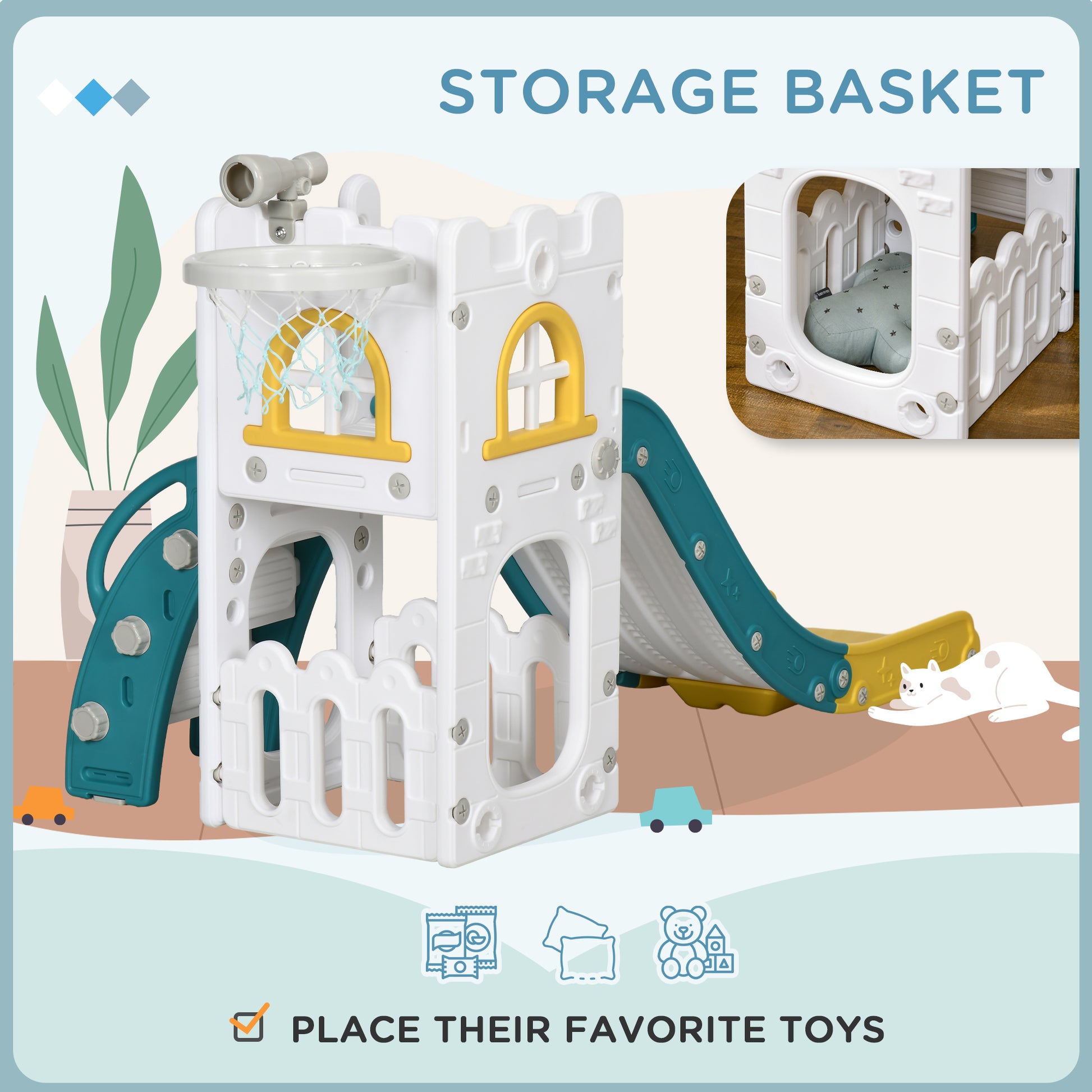 Qaba 5 in 1 Toddler Slide with Basketball Hoop, Climber, Telescope, Storage Basket, for 1-3 Years Kids Indoor Use, Yello