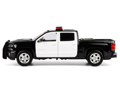 2017 Chevrolet Silverado 1500 LT Z71 Crew Cab Pickup Truck Black and White with Flashing Light Bar and Front and Rear Lights and Sounds 1/27 Diecast Model Car by Motormax