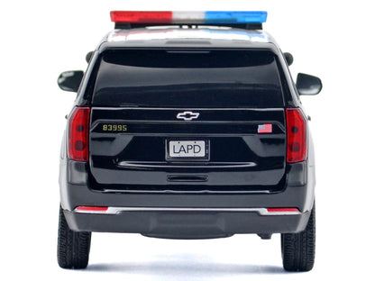 2025 Chevrolet Tahoe PPV "LAPD (Los Angeles Police Department)" Black and White with Flashing Light Bar and Front and Rear Lights and Sounds 1/24 Diecast Model Car by Motormax