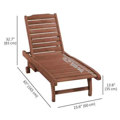 Wooden Outdoor Lounge Chair, Adjustable Patio Outdoor Chaise Recliner Garden Furniture, Tanning Chair with Pull-out Tray