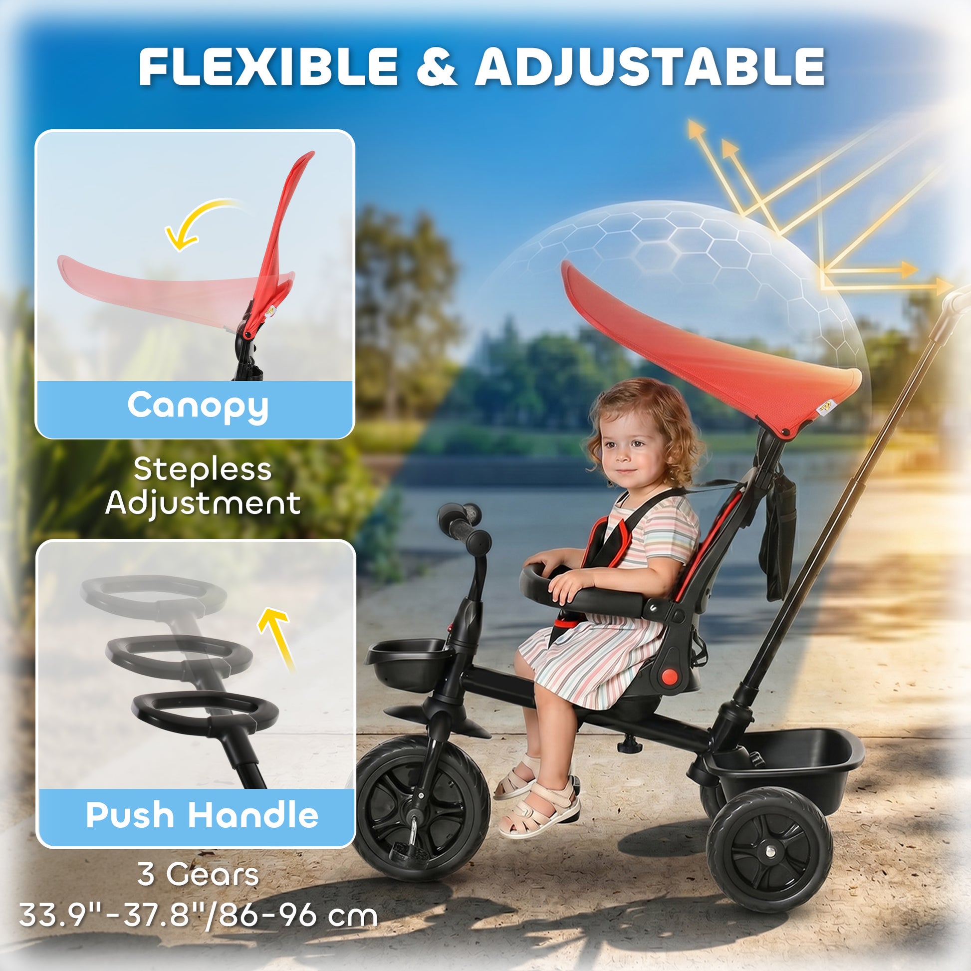 Qaba Kids Tricycle 5 In 1 Trike with Reversible Angle Adjustable Seat Removable Handle Canopy Handrail Belt Storage Foot