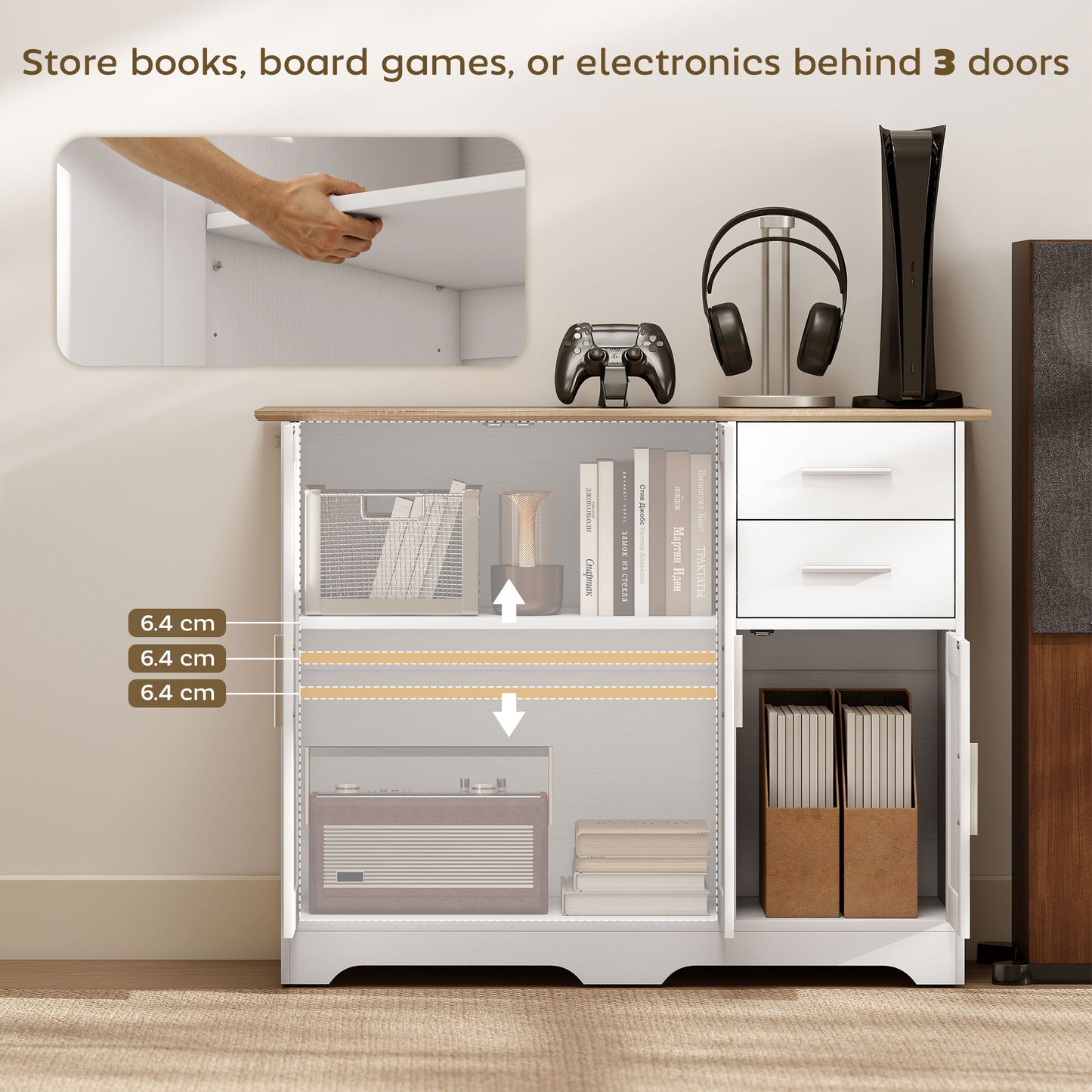 40" Sideboard Buffet Cabinet, Modern Kitchen Storage Cabinet with 2 Drawers, 3 Doors & Adjustable Shelf, White
