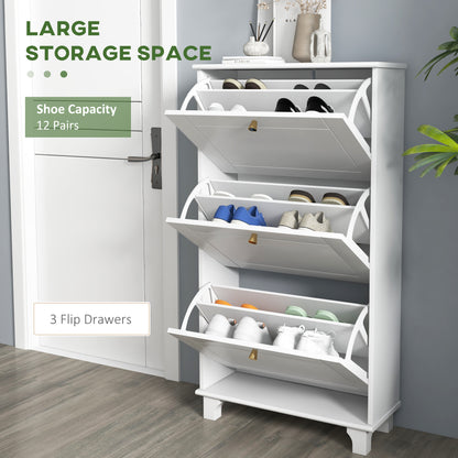 Narrow Shoe Storage with 3 Flip Drawers and Adjustable Shelves, Shoe Cabinet Organizer for 12 Pairs of Shoes, White