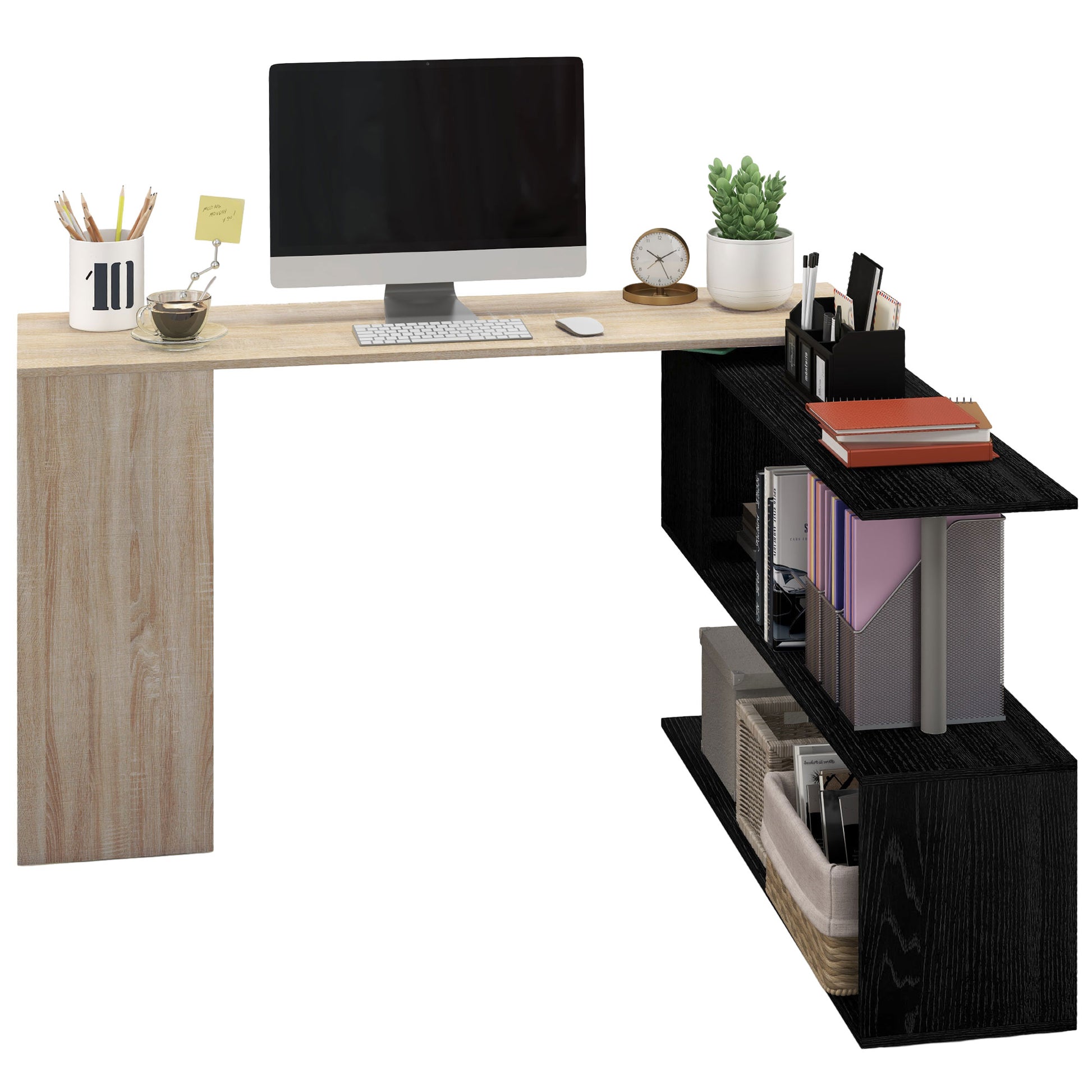 55" Corner Computer Desk, 360° Rotating L-Shaped Desk, Home Office Workstation with 3-Tier Shelves, Bookshelf