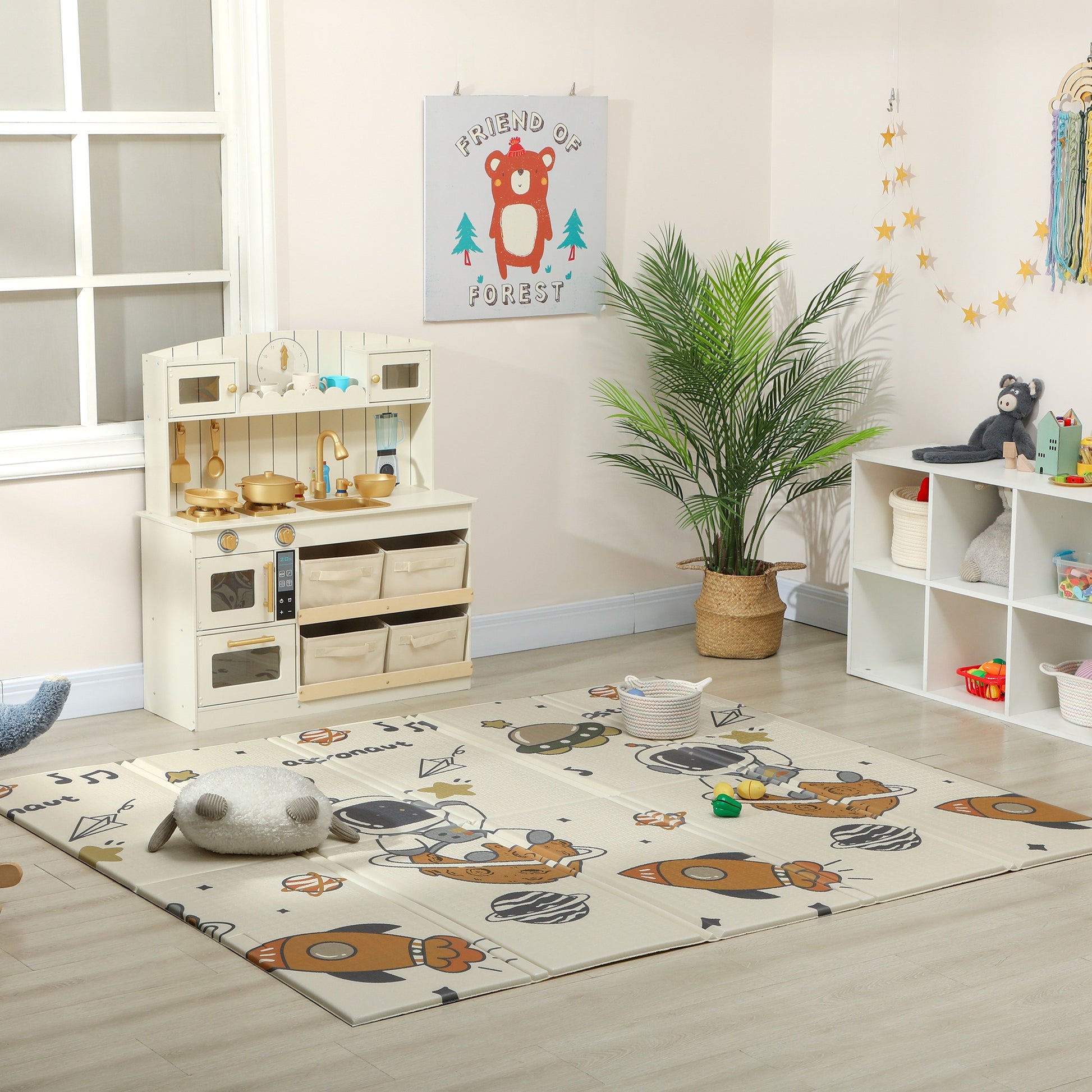 Qaba Foldable Baby Plat Mat, 77" x 69" Kids Floor Mat for Crawling and Learning, Astronaut & Planet Theme