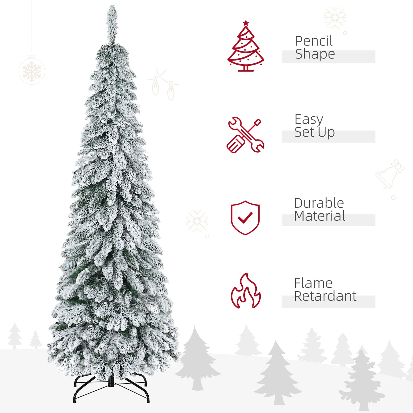 6' Artificial Slim Flocked Christmas Trees, with Snow Frosted Branches, Downswept Shape, Steel Base