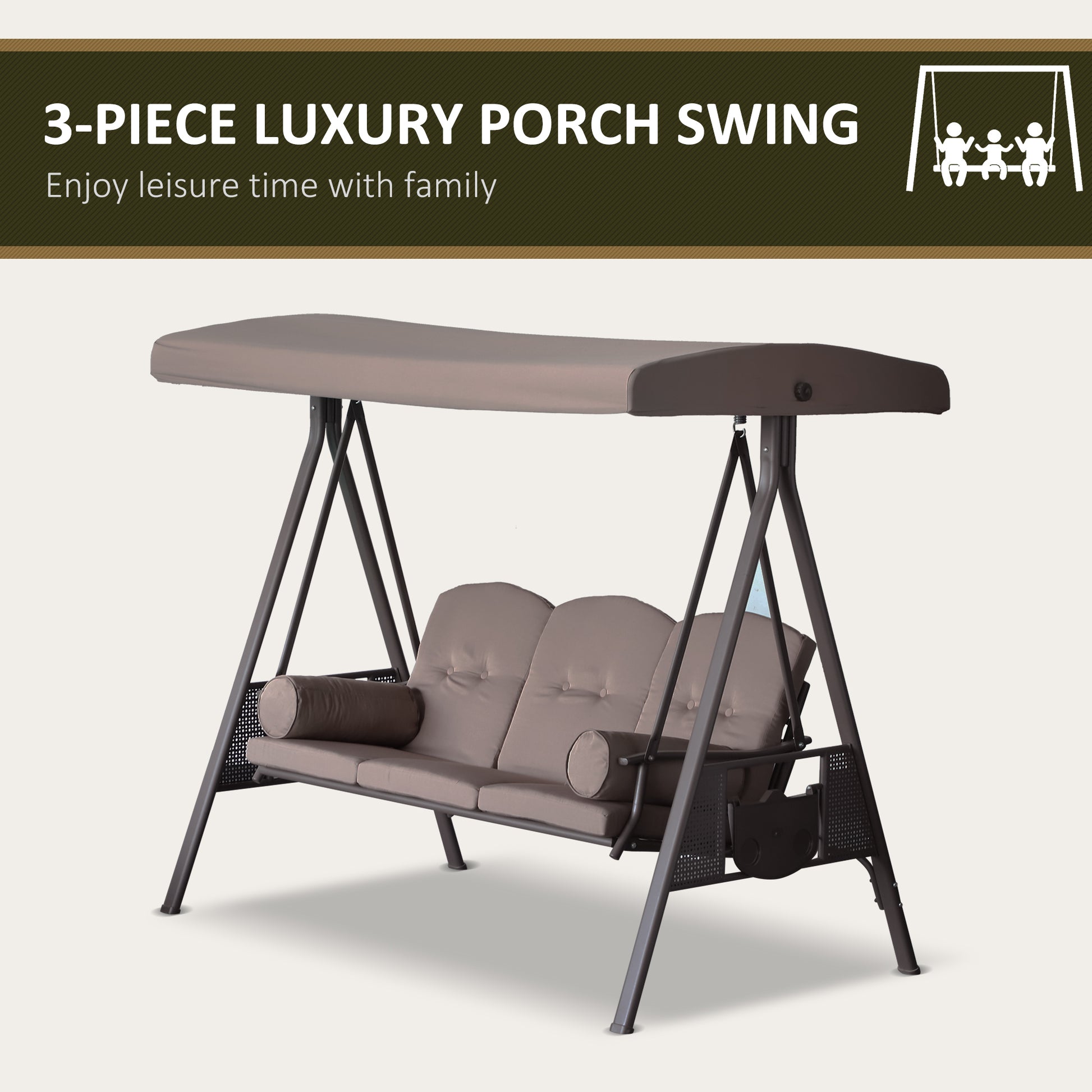 3 Seater Porch Swing Heavy Duty Outdoor Swing Chair Outdoor Lounge Hammock Cushioned Seat W/ Tilt Canopy, Brown