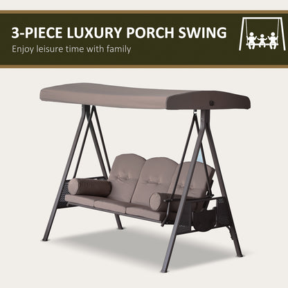 3 Seater Porch Swing Heavy Duty Outdoor Swing Chair Outdoor Lounge Hammock Cushioned Seat W/ Tilt Canopy, Brown