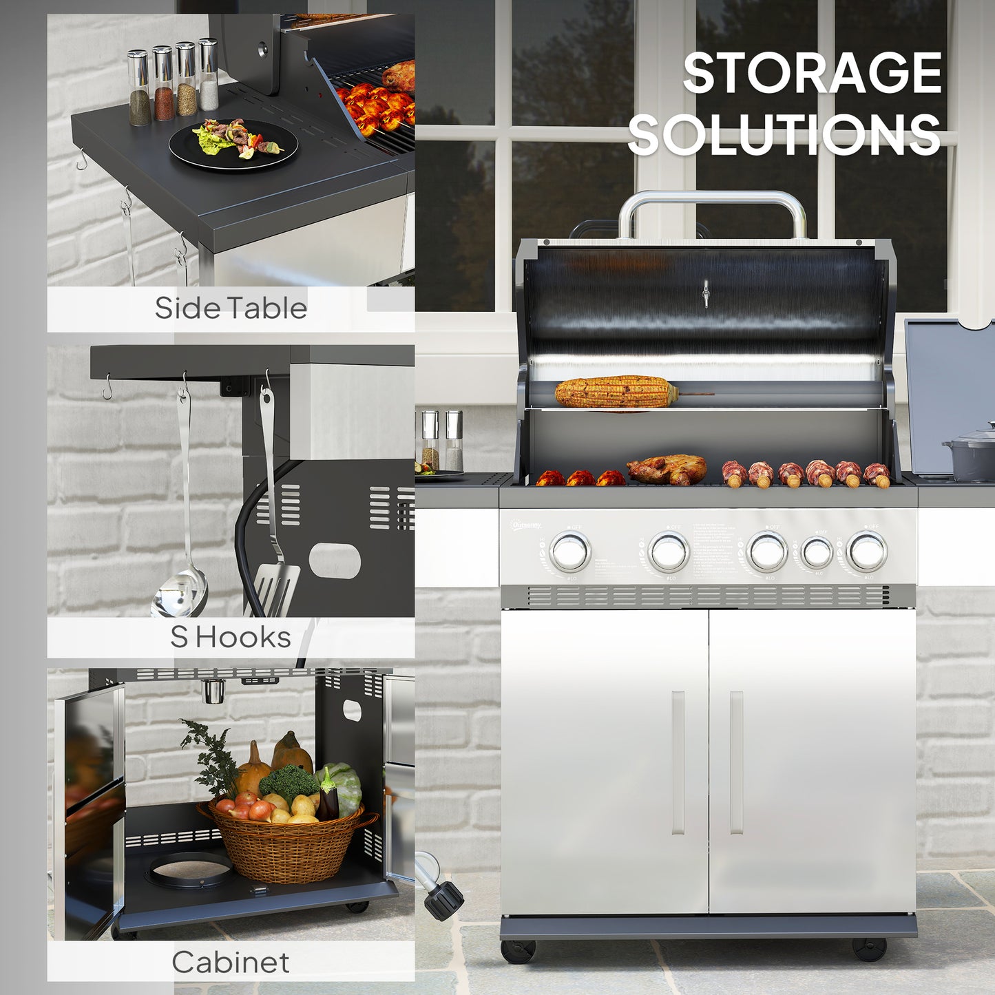 4+1 Burner Liquid Propane Gas Grill Outdoor Portable BBQ with Side Burner, Warming Rack, Side Shelf, Storage Cabinet, Th