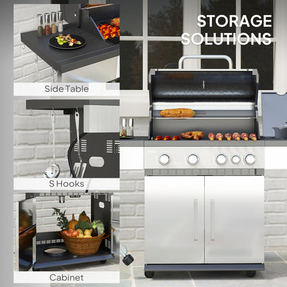 4+1 Burner Liquid Propane Gas Grill Outdoor Portable BBQ with Side Burner, Warming Rack, Side Shelf, Storage Cabinet, Th