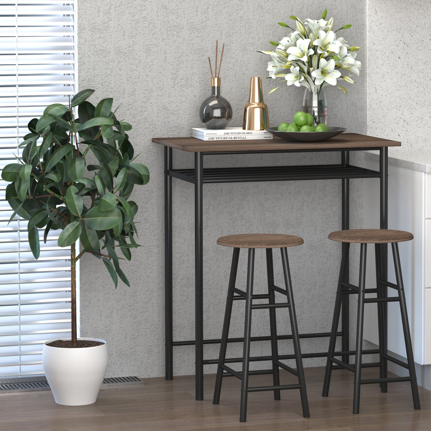 3 Piece Counter Height Bar Table Set with 1 Table, 2 Matching Stools, Dining Table Set with Storage Shelf and Metal Fram