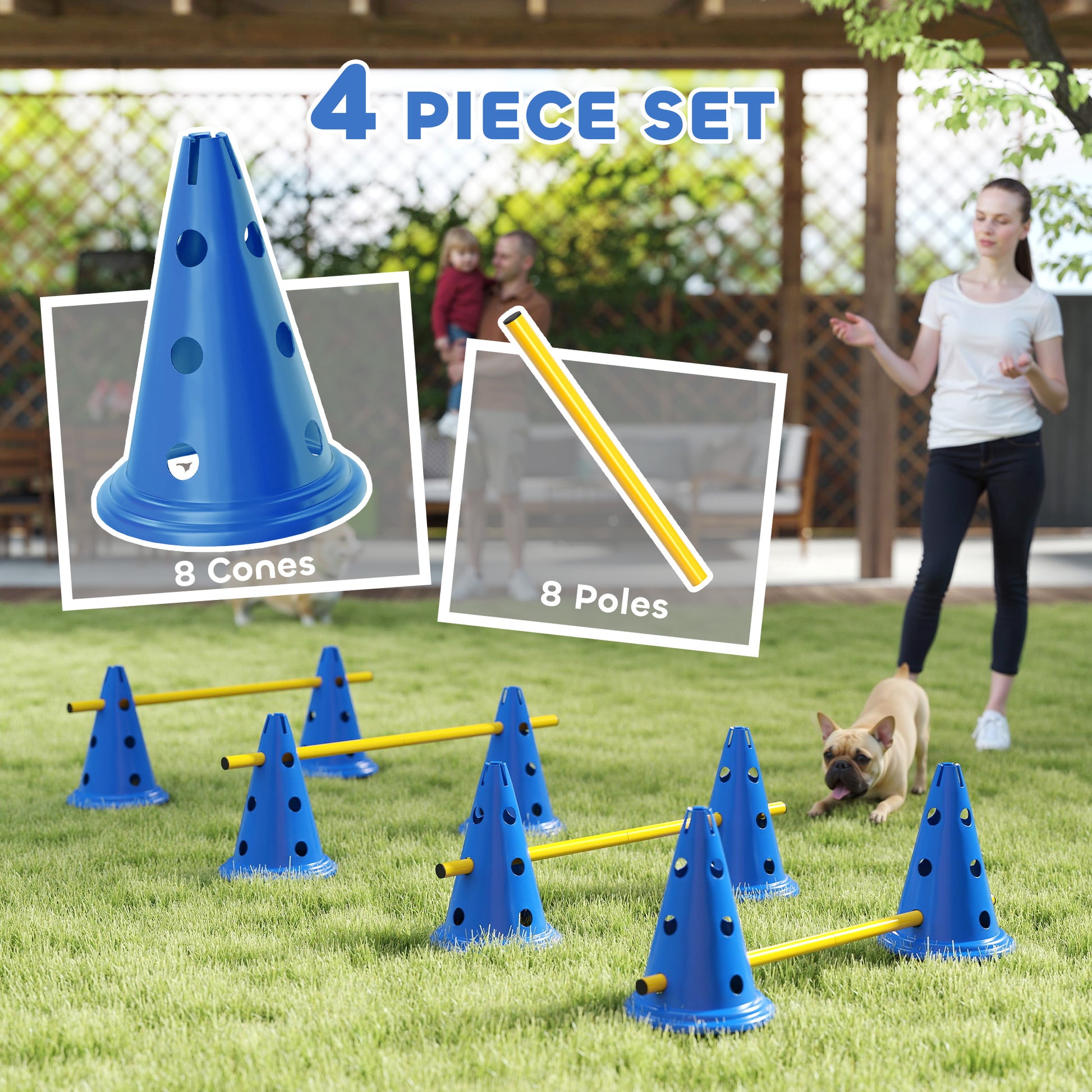 Dog Agility Hurdle Cone Set, Adjustable Obstacle Course Equipment with 8 Cones & 8 Poles, Carry Bag, Blue