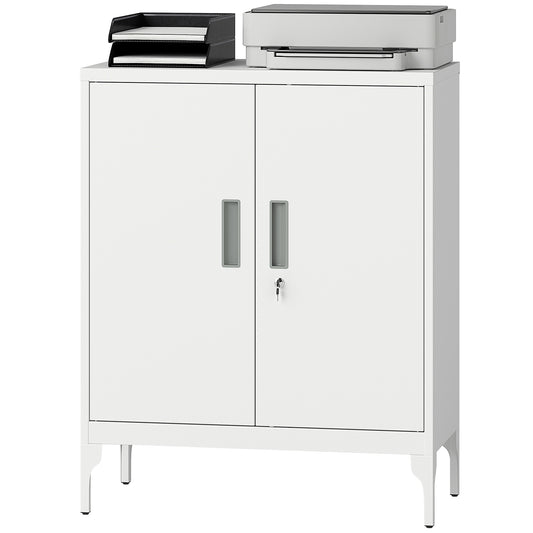 Office Storage Cabinet with Lock, Filing Cabinet with Adjustable Shelves and Doors for Home Office, Garage, White