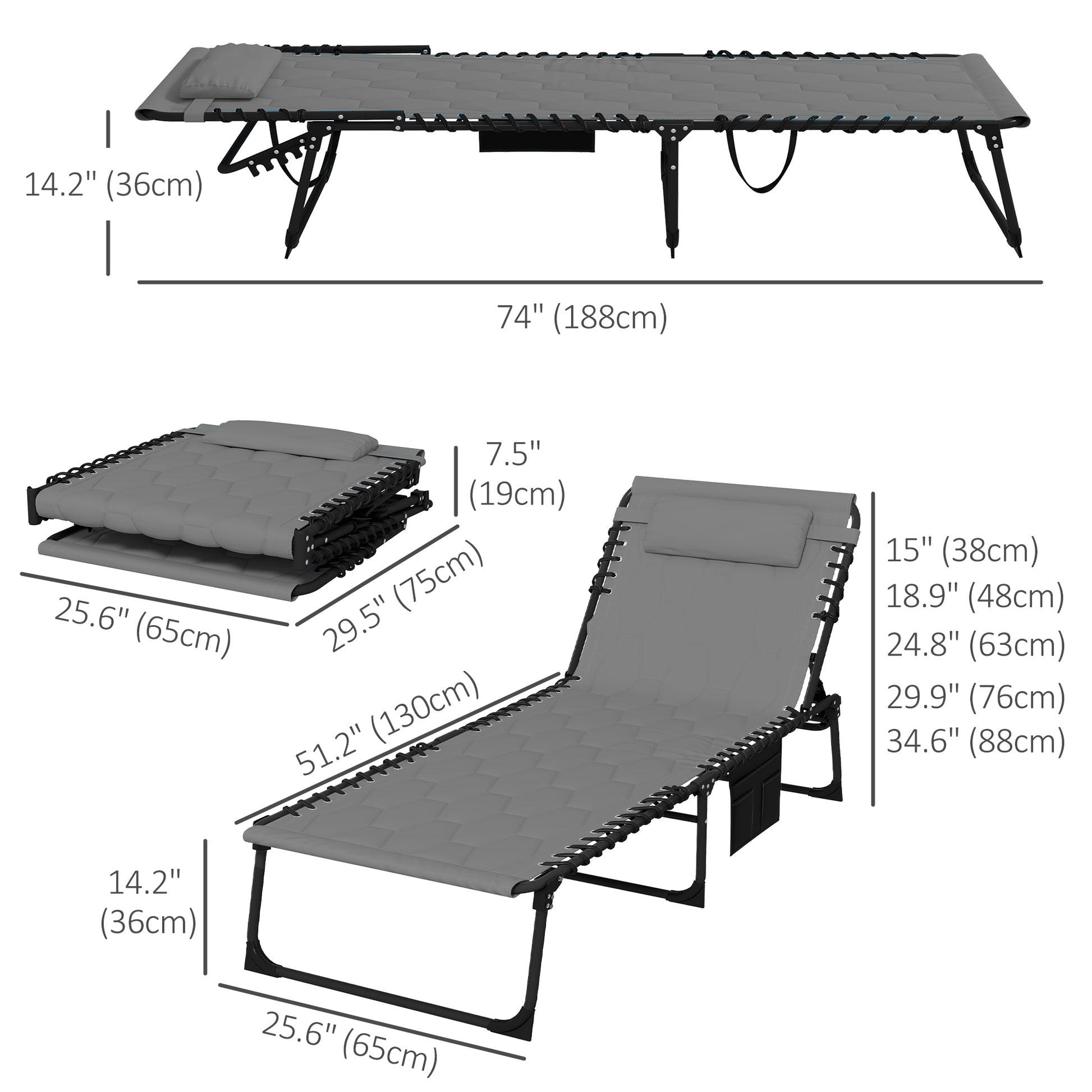 Folding Chaise Lounge with Reclining Back, 25.6" x 74" x 14.2", Grey