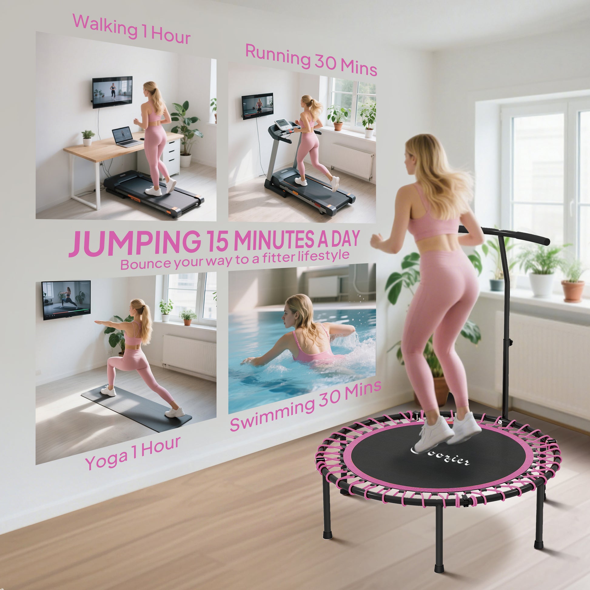 Soozier 45" Mini Trampoline for Adults, Foldable Fitness Exercise Rebounder with Adjustable Handle