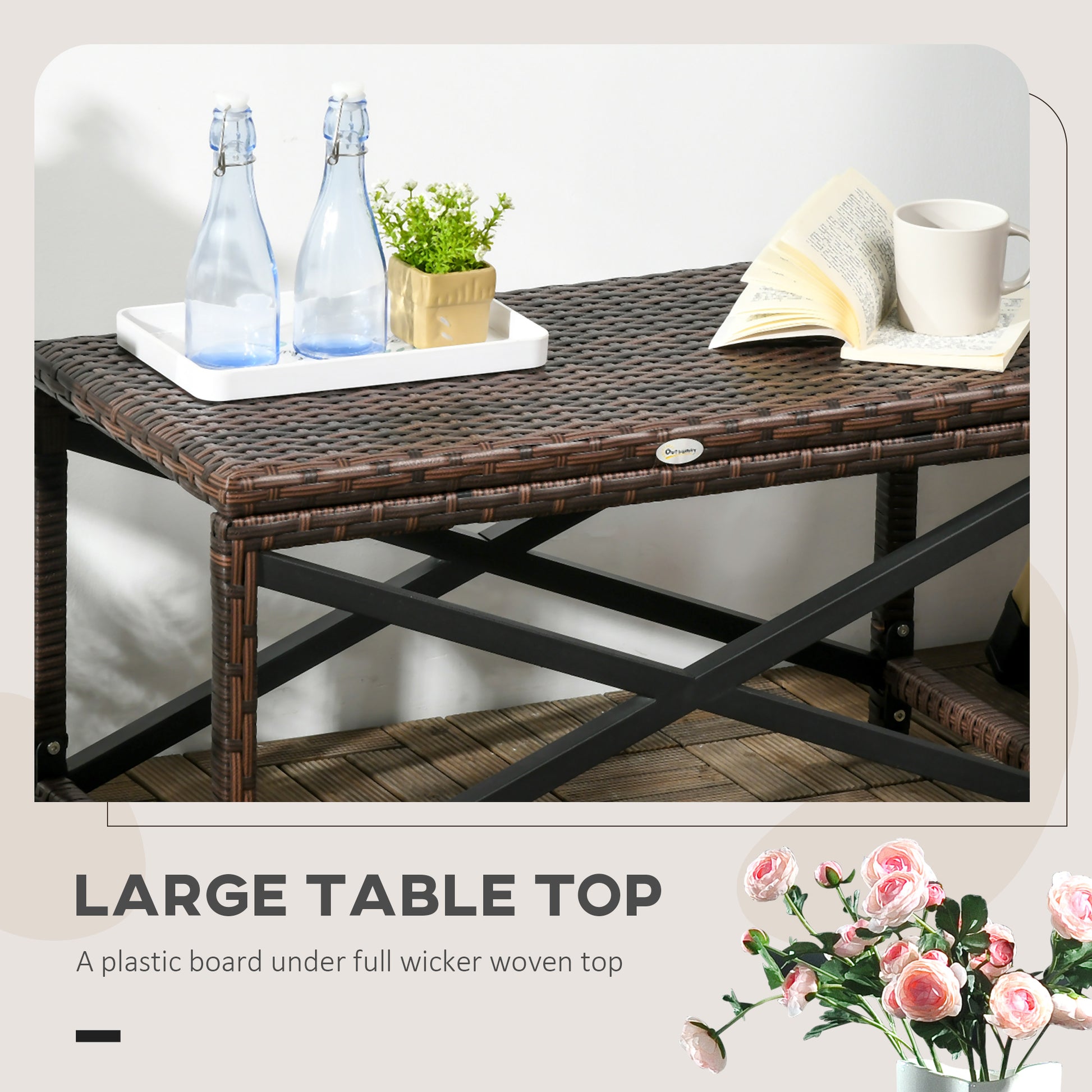 Patio Wicker End Table, Outdoor PE Rattan Side Table, with Plastic Board Under the Full Woven Table Top for Patio, Garde