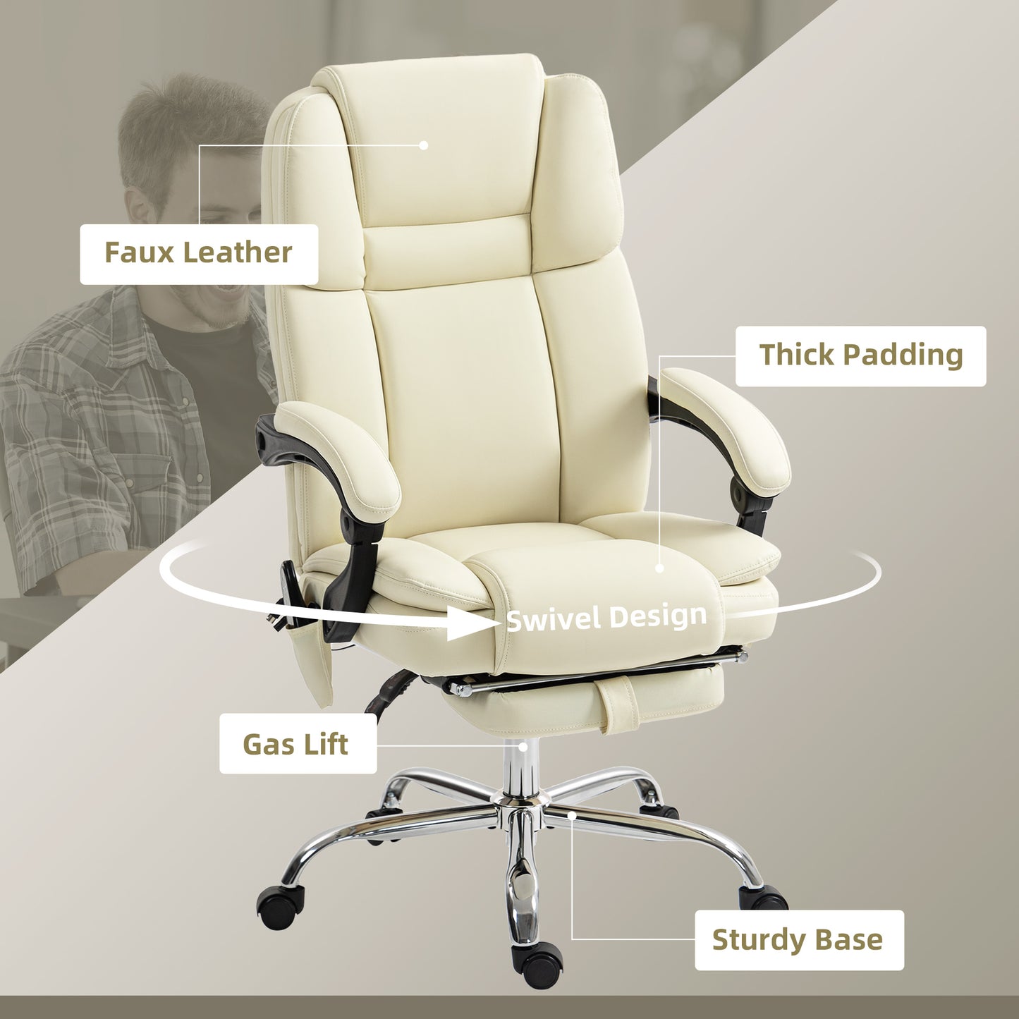 Massage Office Chair, Reclining Executive Office Chair with 6-Point Vibration, Footrest and High Back, White