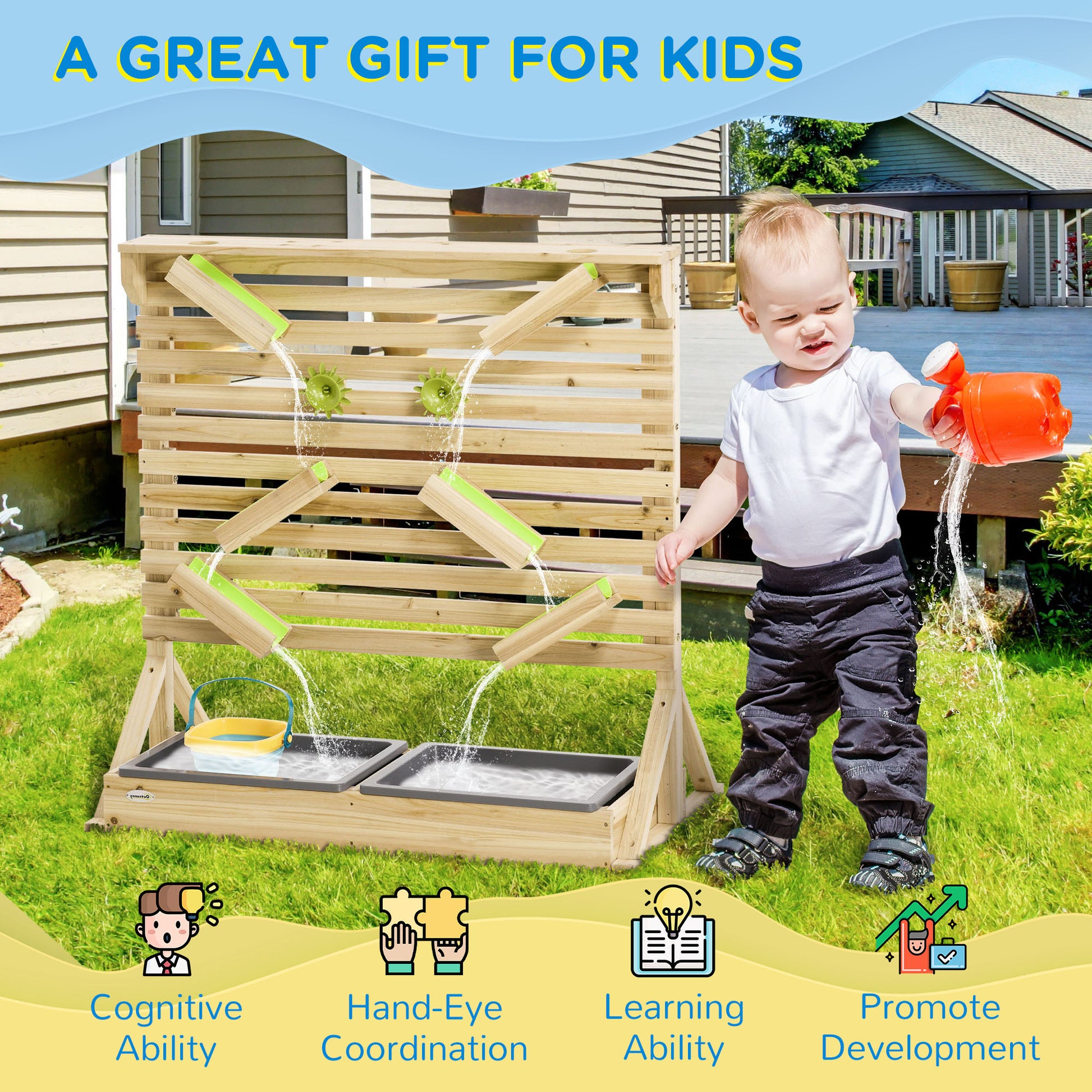 18 Pcs Kids Running Water and Sand Playset Outdoor with Sinks, Wooden Sensory Toys with Colorful Accessories, Gift for B