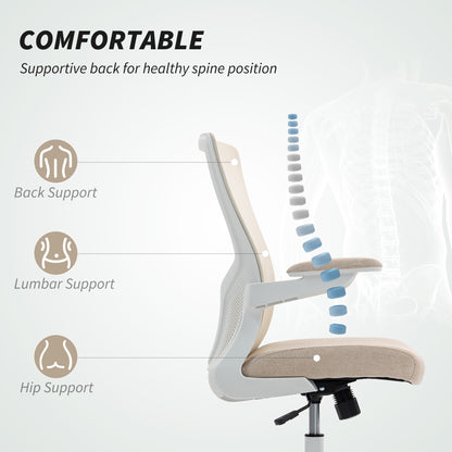 Ergonomic Office Chair, Swivel Desk Chair with Adjustable Lumbar Support and Height, Flip-up Armrests, Wheels, Beige