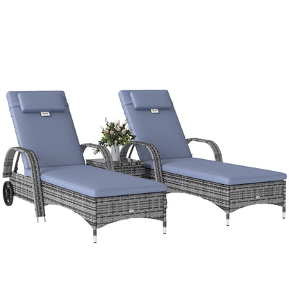 3 Pieces Wicker Patio Lounger Set with Table, PE Rattan Outdoor Lounge Chair Set with Cushions, Wheels, 5-Level Reclinin