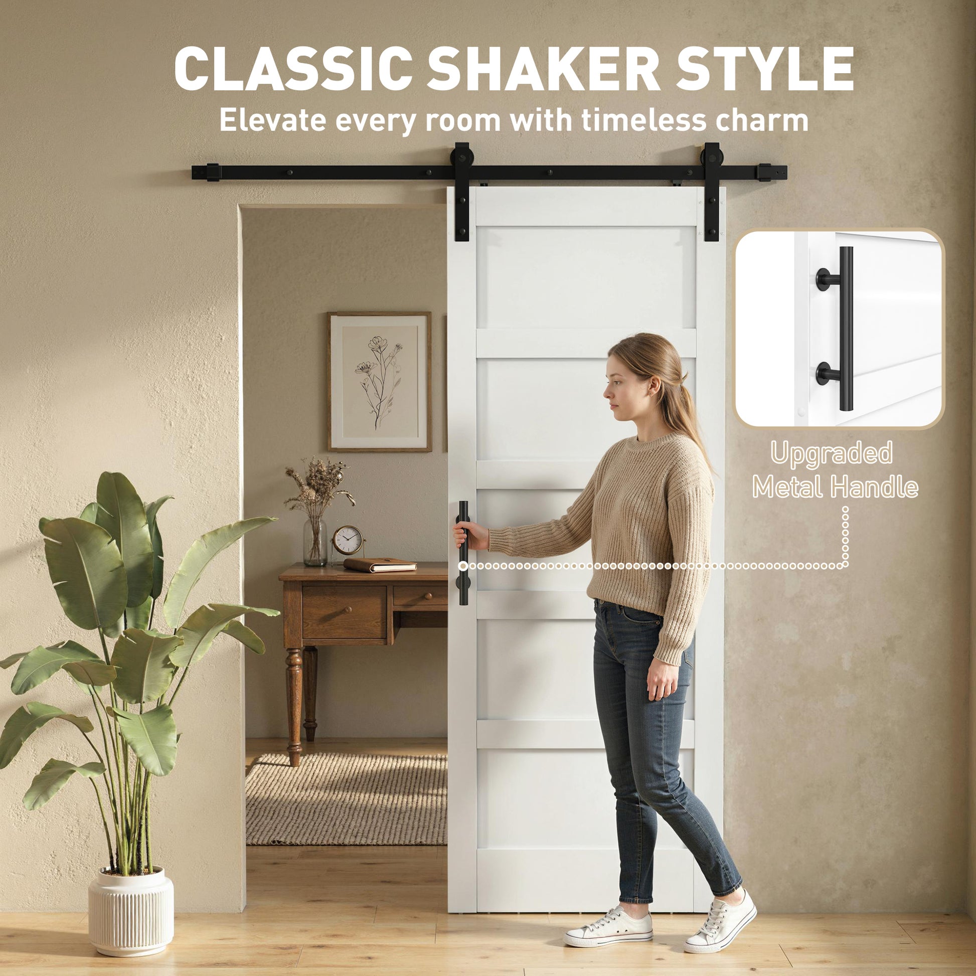32"x84" Sliding Barn Door with Hardware Kit, Shaker Style Sliding Door with Handle, Track, Floor Guide, White Wood Grain
