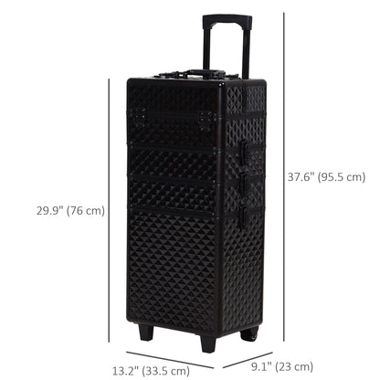 4 in 1 Portable Aluminum Makeup Case Train Cases, Rolling Makeup Case with 2 Wheels, Multiple Compartments and Lift Hand