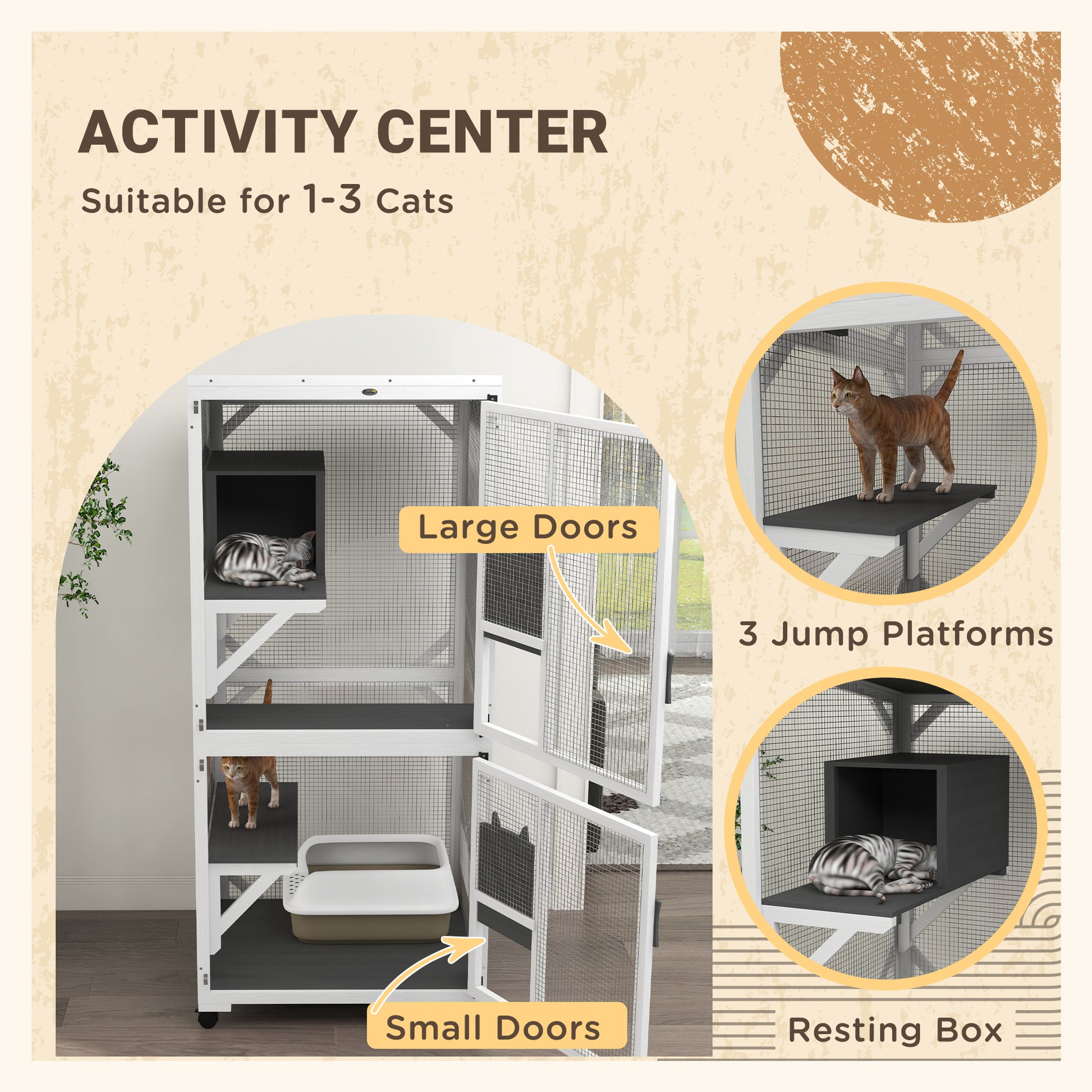 Catio Outdoor, Elevated Design, with Wheels, Resting Box, Water-Resistant, Multi Platforms, White & Grey