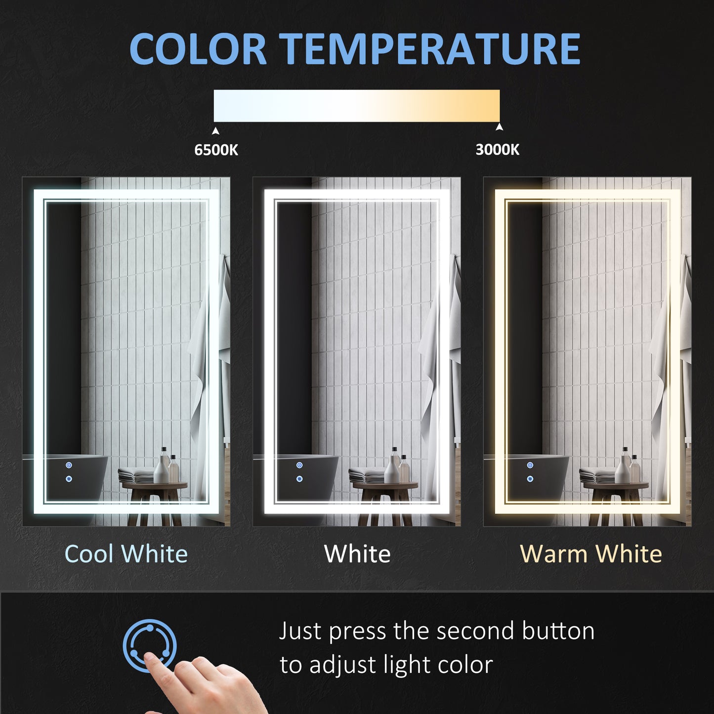 40" x 24" LED Bathroom Mirror, Dimmable Lighted Wall-Mounted Mirror, with 3 Colour, Smart Touch, Plug-in, Vertical or Ho