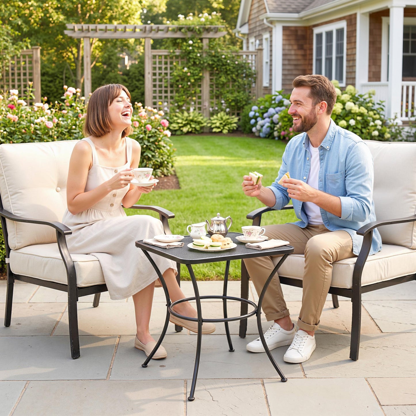 Square Outdoor Side Table, Metal Outdoor Patio Table, Garden Coffee Side Bistro Tables with Mesh Grid Top for Balcony, P