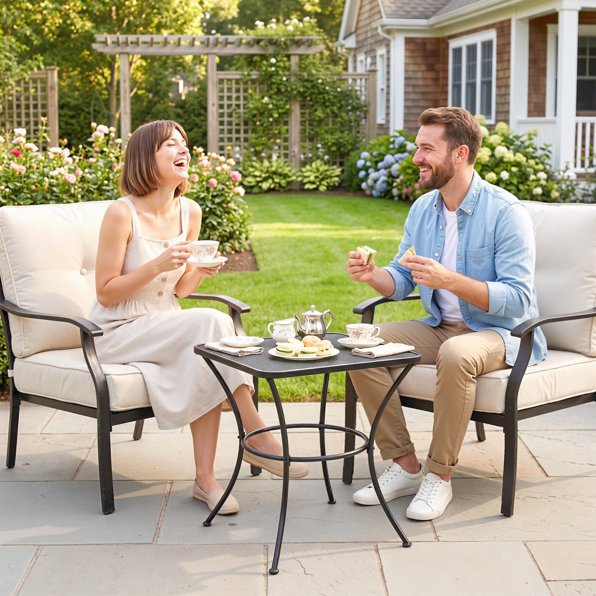 Square Outdoor Side Table, Metal Outdoor Patio Table, Garden Coffee Side Bistro Tables with Mesh Grid Top for Balcony, P