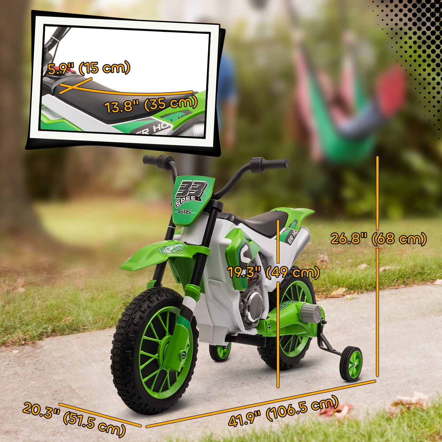 VarietyKart Kids Dirt Bike Battery-Powered Ride-On Electric Motorcycle with Charging 12V Battery, Training Wheels Green