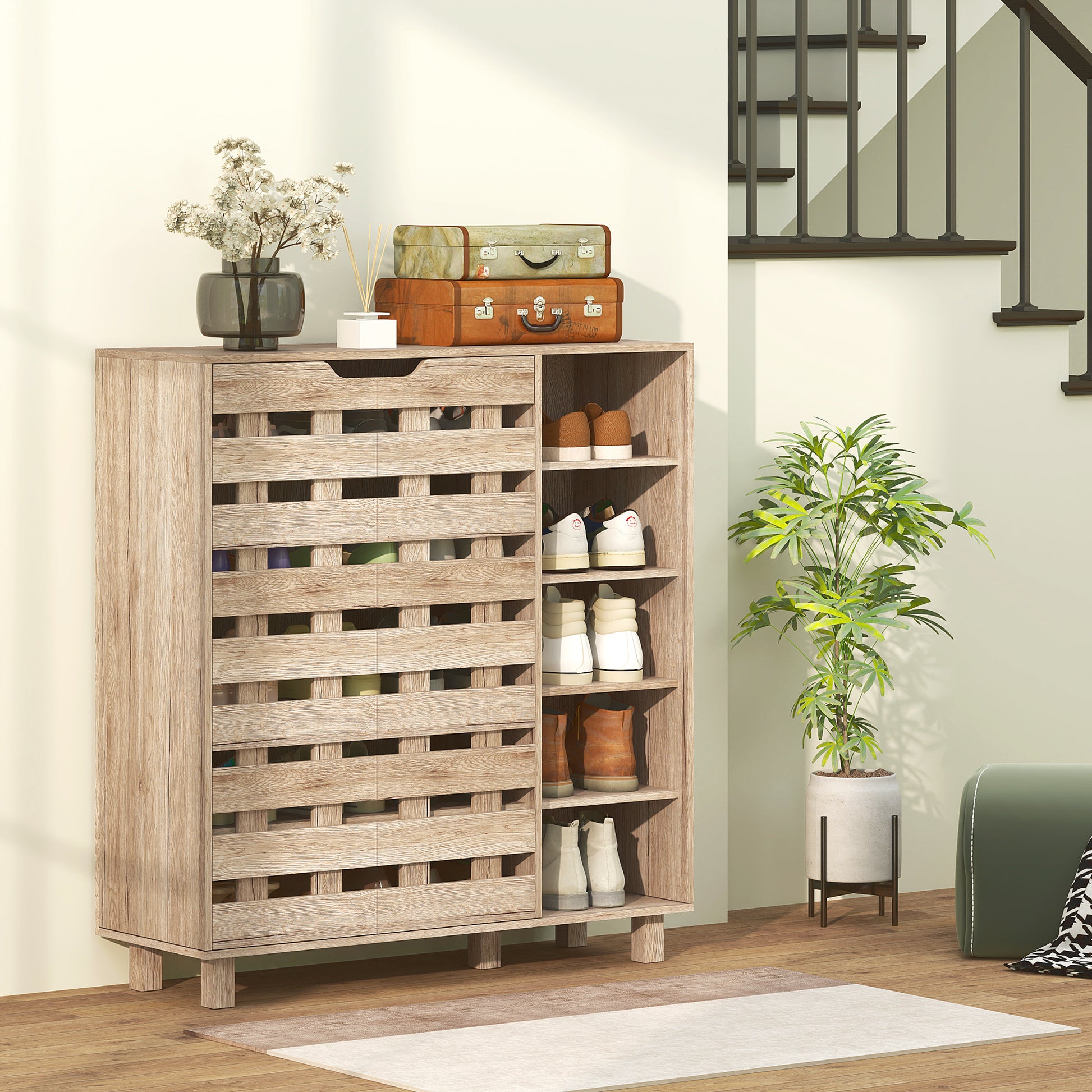 Shoe Cabinet, 21 Pair Shoe Storage Cabinet Organizer with 5-tier Double Door Cabinet and 5-tier Open Shelves, Beige