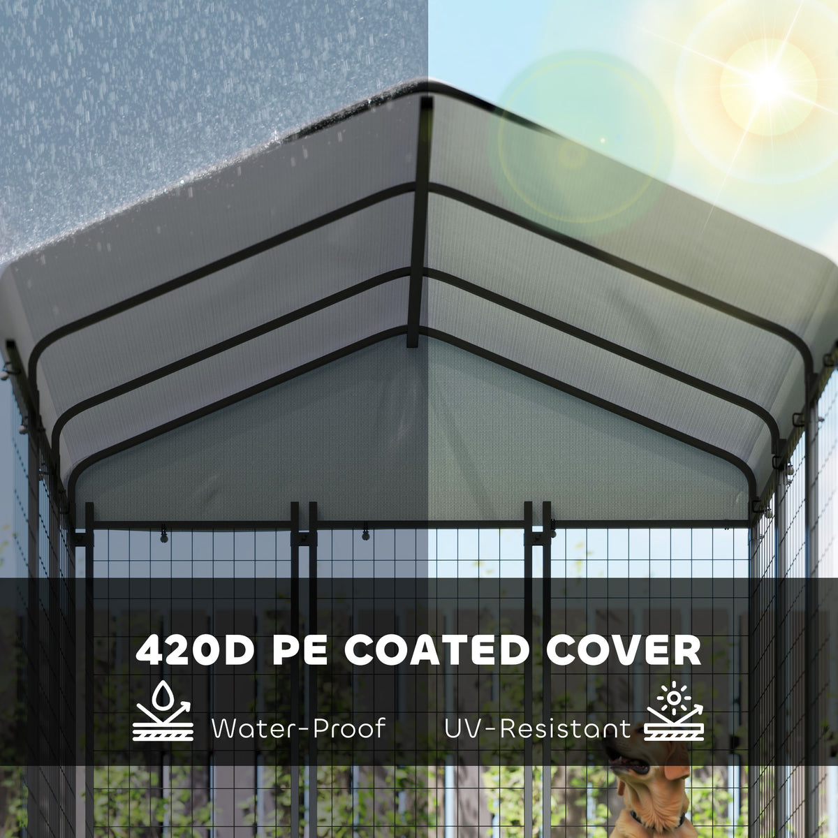 Outdoor Dog Kennel with Waterproof UV-Resistant Cover, Rotating & 4-Level Adjustable Feeding Bowls, 6 x 6 x 6 ft