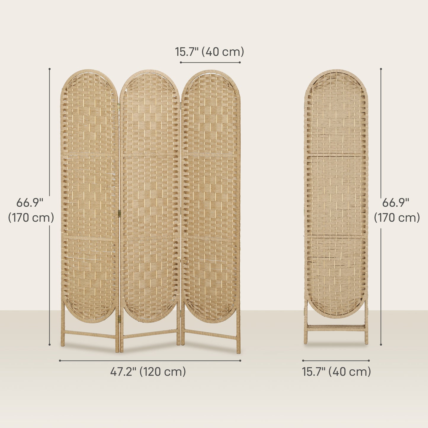 Bohemian Privacy Screen, Folding Room Divider with 3 Panels and Arched Top for Bedroom Living Room Office, Natural Wood