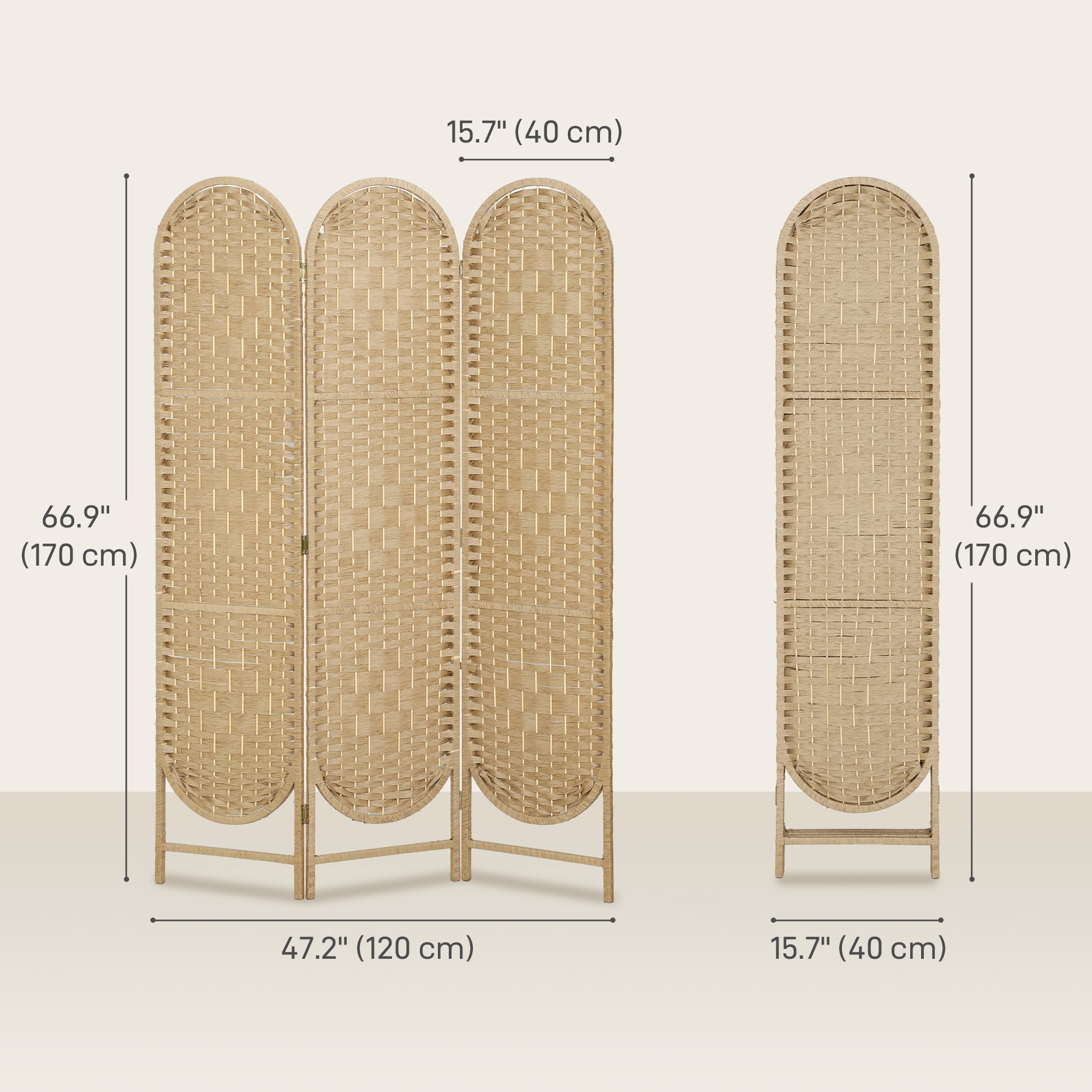Bohemian Privacy Screen, Folding Room Divider with 3 Panels and Arched Top for Bedroom Living Room Office, Natural Wood