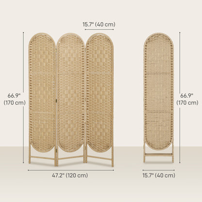 Bohemian Privacy Screen, Folding Room Divider with 3 Panels and Arched Top for Bedroom Living Room Office, Natural Wood