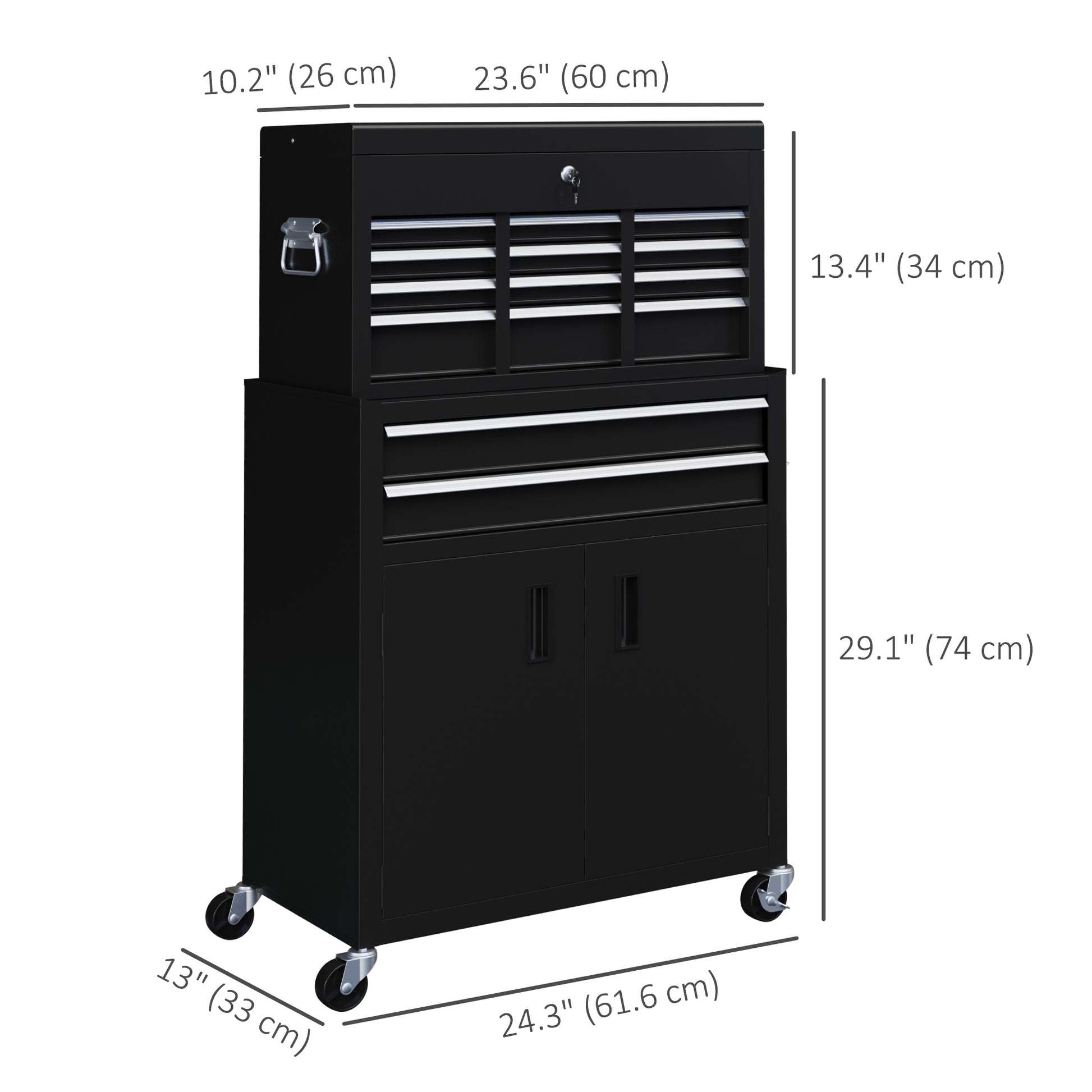 6-Drawer Rolling Tool Chest, 2 in 1 Lockable Storage Cabinet with Hooks, Metal Tool Box for Garage, Workshop, Black