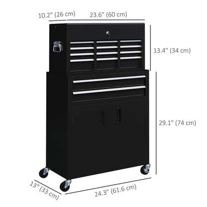 6-Drawer Rolling Tool Chest, 2 in 1 Lockable Storage Cabinet with Hooks, Metal Tool Box for Garage, Workshop, Black