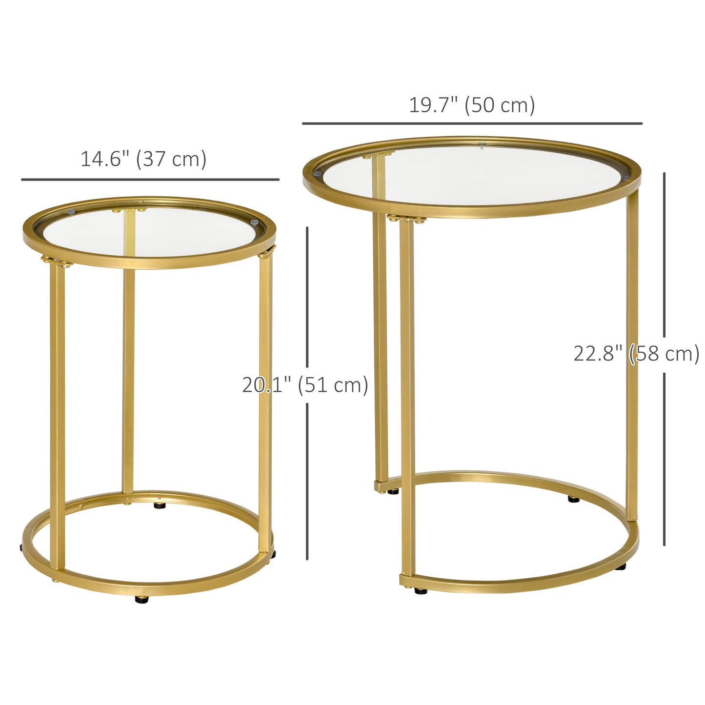 Set of 2 Nesting Coffee Tables with Metal Base, Round Side Table with Tempered Glass Tabletop for Living Room, Bedroom, 